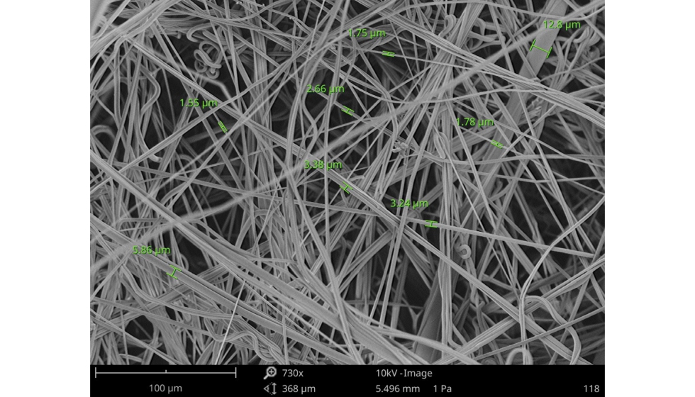 Detalle de la estructura de fibras de un notejido Meltblown 100% PLA