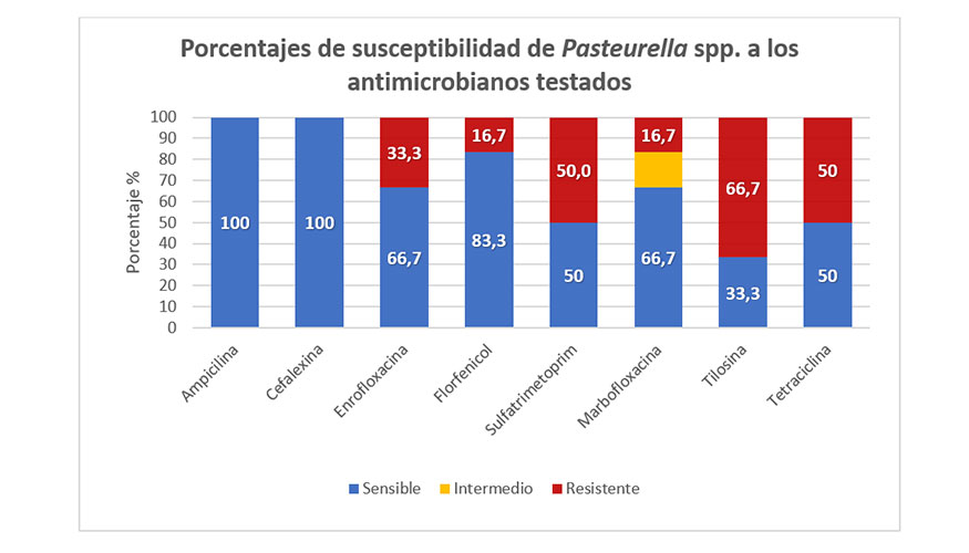 Figura 4. Patr�n de susceptibilidad de Pasteurella spp. frente a antimicrobianos empleados en el tratamiento de las mamitis cl�nicas en cabras...