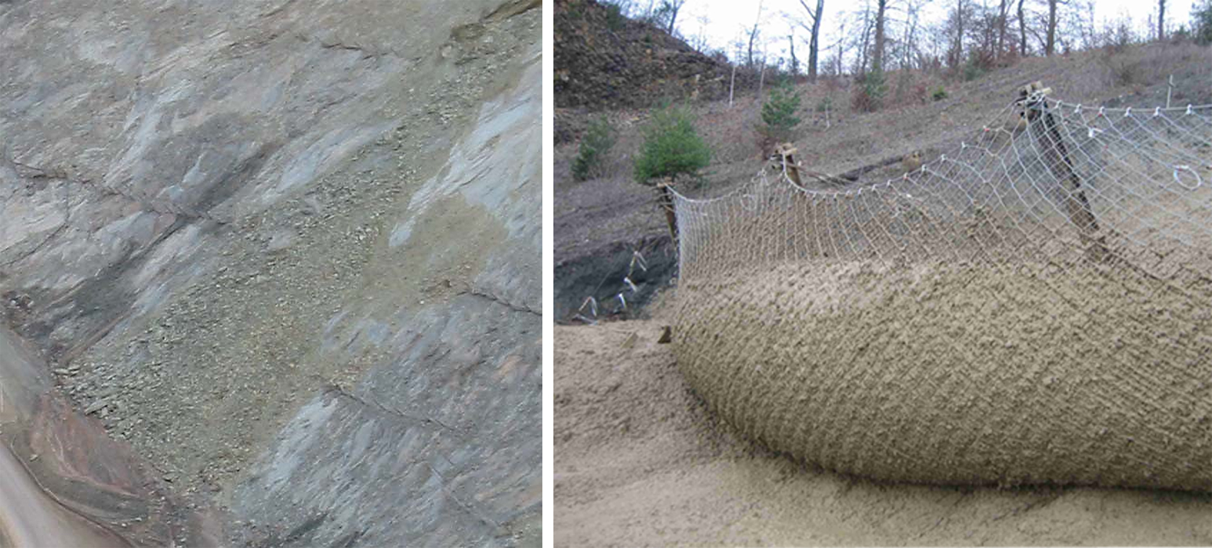 Fig. 9 Barreras estticas no adecuadas para detener un pequeo deslizamiento de rocas (izq.)...