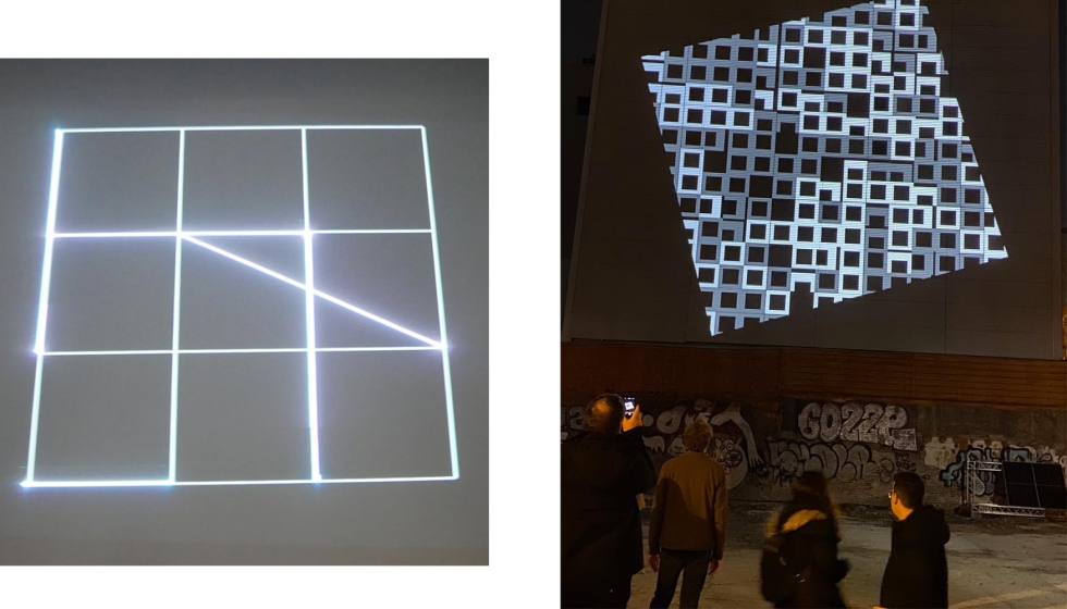 Detalle de la composici�n cuadricular de �Carr�s magiques de traits lumineux� en Disseny Hub (izquierda); y sus �Compositions Lumineuses� en un...