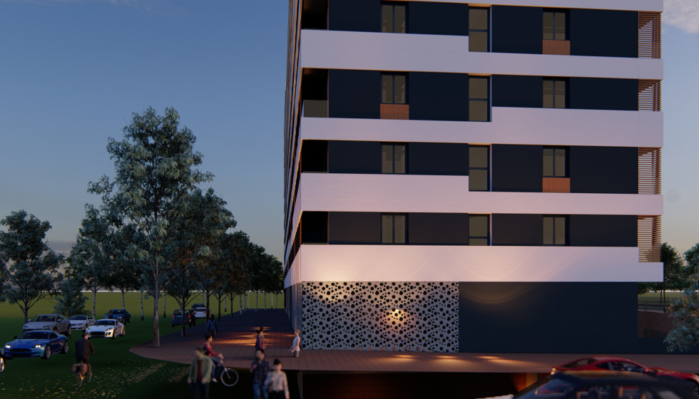 Render de una de las construcciones industrializadas en las promociones de V�a �gora en Madrid