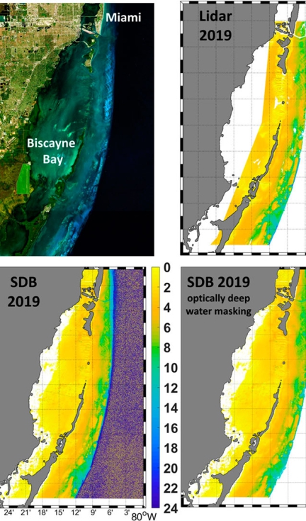 Comparativa de la informacin batimtrica obtenida a travs de LiDAR (arriba derecha) y satlite (abajo derecha) en la costa de Miami...