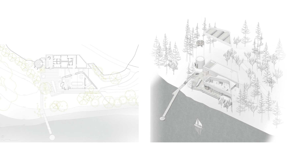 Plano y secci�n del proyecto Art-Sauna que se integra a la perfecci�n en la propia naturaleza