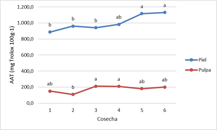 Fig. 4. Evolucin de la actividad antioxidante total de ciruela Prime Time a lo largo de su maduracin en el rbol...