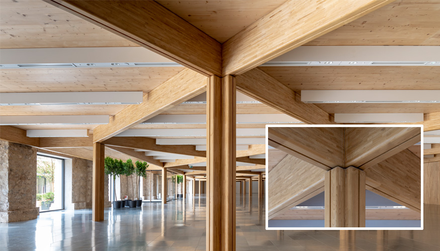 Imagen de la estructura en madera en este espacio flexible y, sobre todo, sostenible. Se trata de un sistema desmontable, para su reciclabilidad...