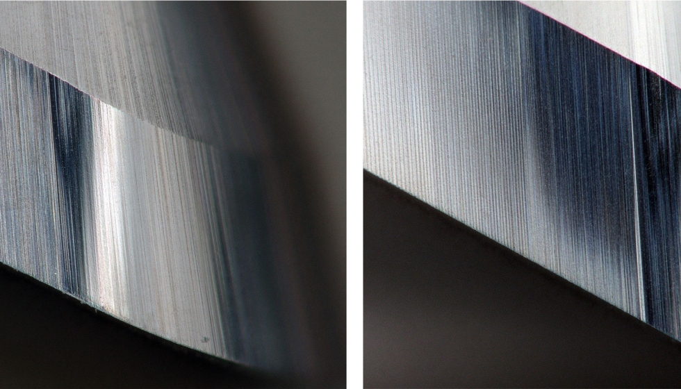 Microfotografa con un aumento de 200X que muestra (izquierda) una herramienta con una calidad de superficie limpia y (derecha) el rectificado...