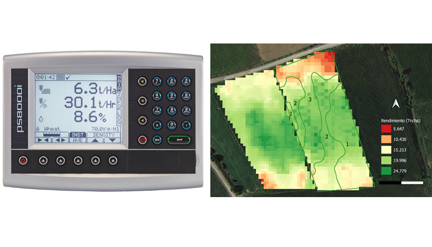 Figura 5. a) Display con receptor GNSS y sensor de produccin en cosechadora y b) mapas de produccin de maz en una de las parcelas de los ensayos...