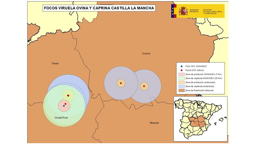 Localizacin de las zonas de restriccin por focos activos de viruela ovina y caprina en las provincias de Cuenca (ZV de 20 kilmetros) y Ciudad Real...