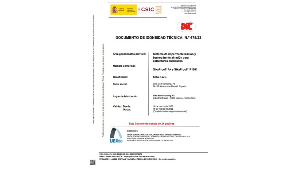 Documento de Idoneidad Tcnica (DIT) para la membrana Sikaproof