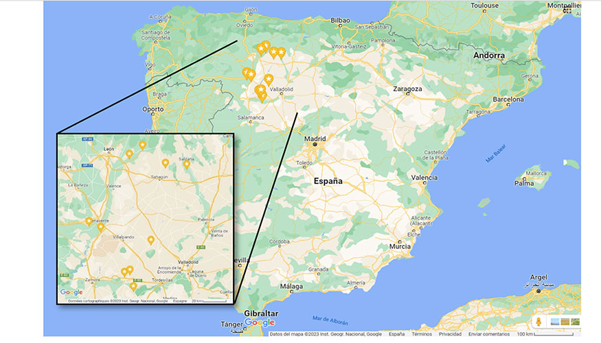 Figura 3. Localizaci�n de las 10 granjas de ovino lechero participantes en los ensayos a gran escala del Proyecto TechCare en Espa�a...