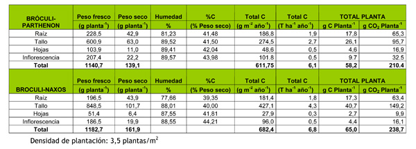 Tabla 6: Valores modulares de carbono e incremento de CO2 de las distintas fracciones de biomasa (g) en dos variedades de brculi...