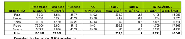 Tabla 15: CO2 fijado y carbono total acumulado por rbol anualmente, por fraccin de biomasa en nectarina