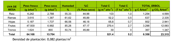 Tabla 16: Valores anuales de absorcin de CO2 y carbono asimilado en parra de uva de mesa