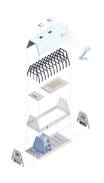 Imagen 3. Braunstein Taphouse / ADEPT, Dinamarca. Axonometra de Diagrama constructivo y desmontable de Edificio Circular...