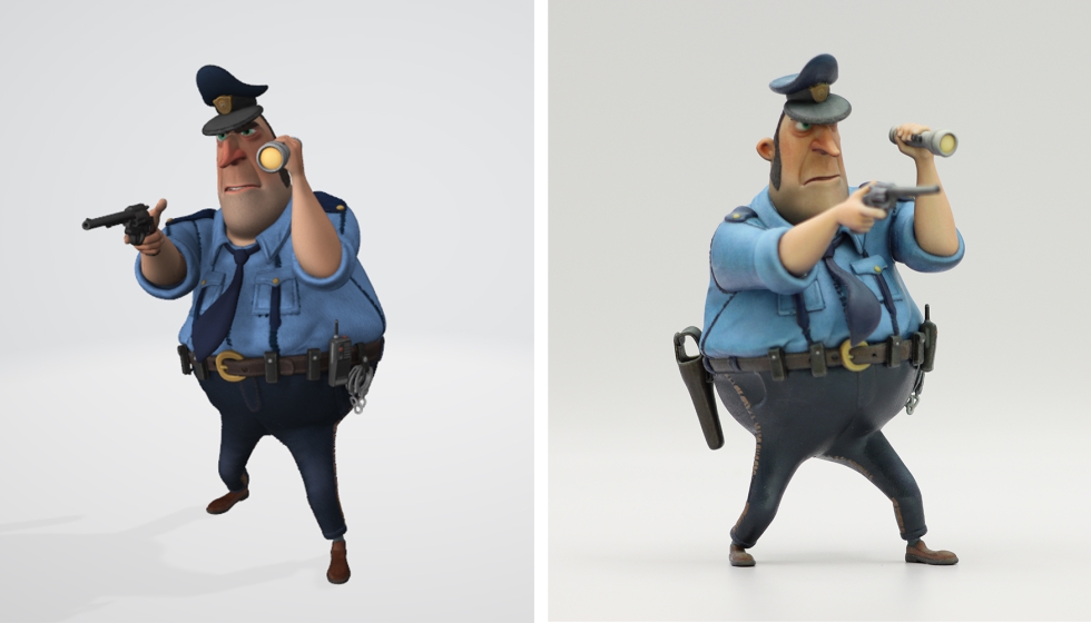 Modelo 3D a todo color de un personaje de la animacin IP de Nilian (izquierda: datos 3D, derecha: impresin 3D)
