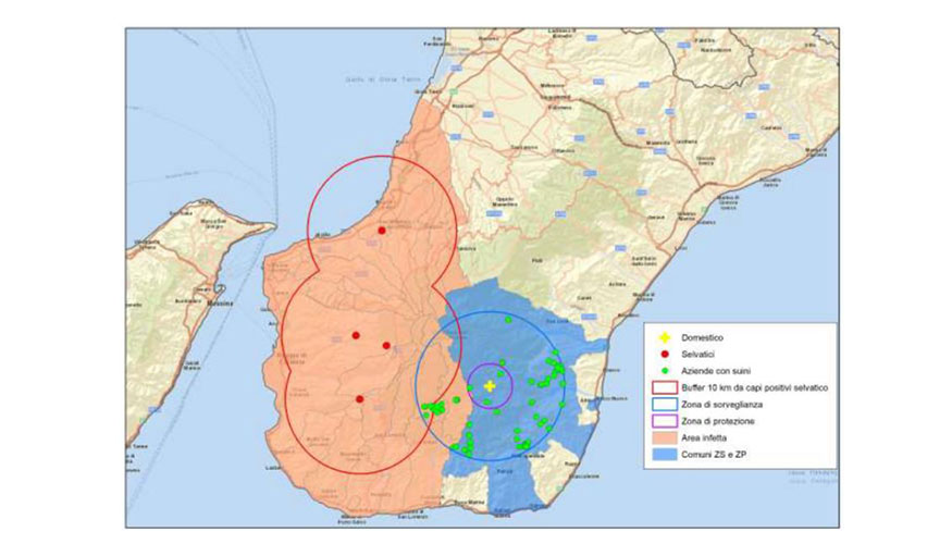 Localizacin de los nuevos focos de peste porcina africana en la regin de Calabria (Italia). Puntos rojos: focos en jabales silvestres...