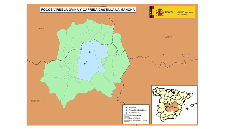 Localizacin del foco 2023/7 y de la zona de restriccin por focos activos de viruela ovina y caprina en la provincia de Ciudad Real (ZP de 10 km y...