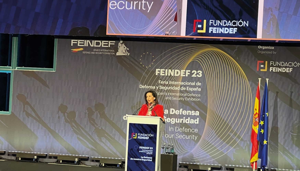 La ministra de Defensa, Margarita Robles, durante su intervencin en la inauguracin de la tercera edicin de FEINDEF