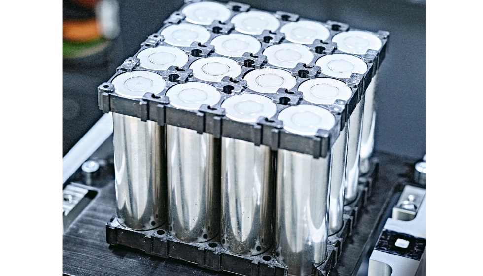 Ejemplo de mdulo de batera de iones de litio construido a partir de pilas redondas. Foto: Beckhoff