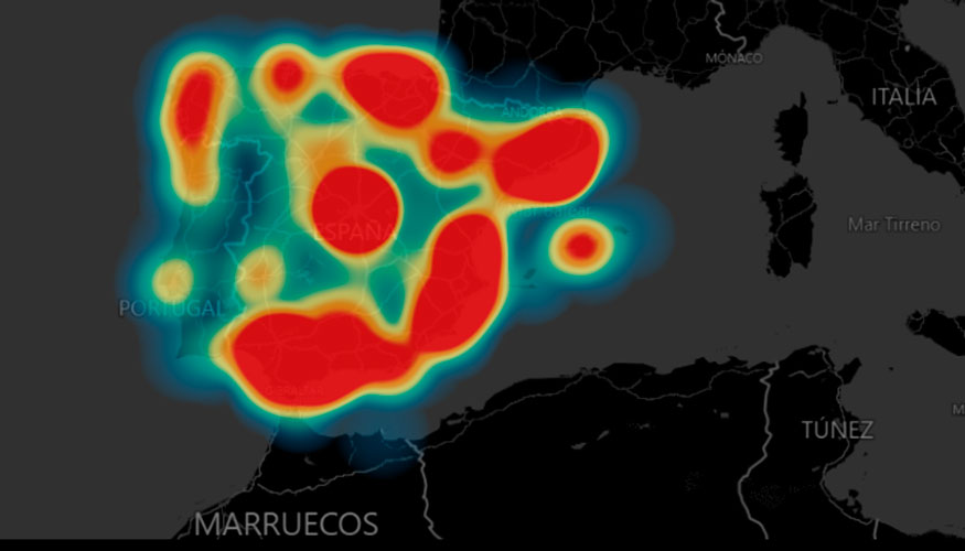 Mapa de calor que muestra la concentracin de dispositivos IoT conectados en toda Espaa