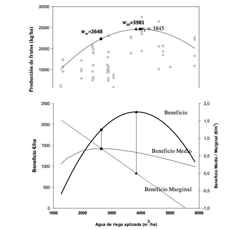 Figura 2. Estimativa das funes de produo, lucro, lucro marginal e lucro mdio para as observaes com limite superior de 90% destacadas na Fig. 1...