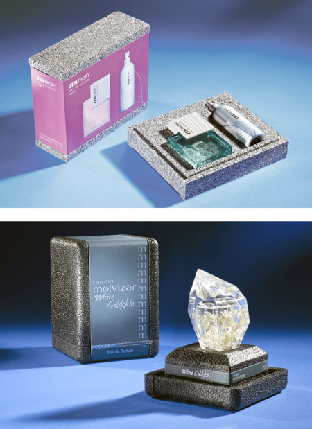 Los nuevos diseos de Storopack para los perfumes Zentropy (arriba) y Goldskin