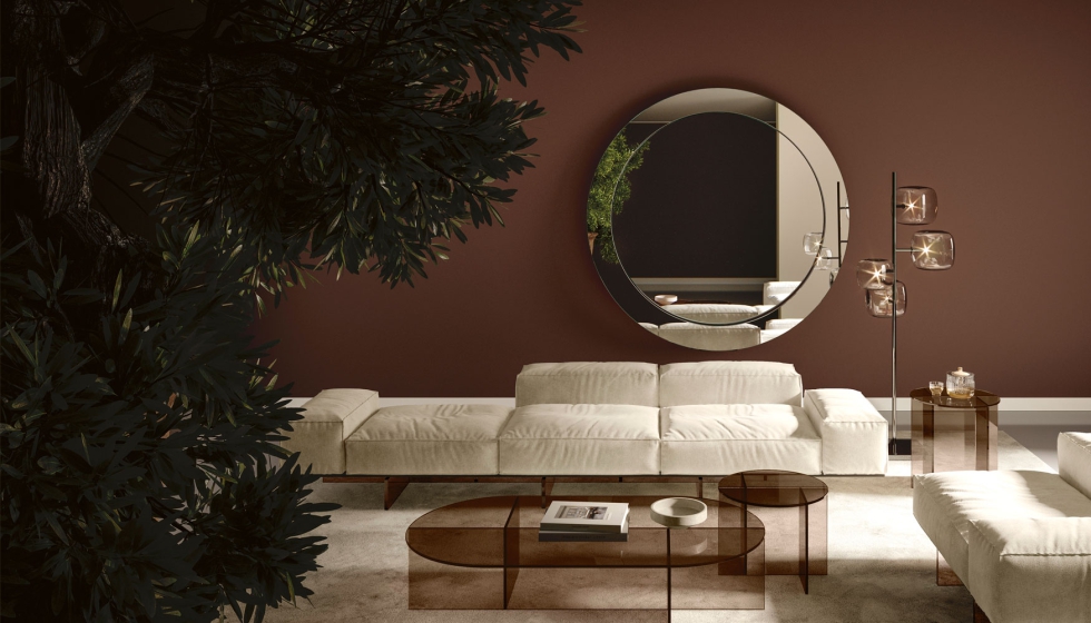 La base de este sof firmado por Massimo Castagna para Tonelli Design cuenta con pies de cristal estratificado