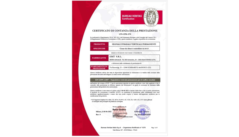 Certificacin Bureau Veritas de Constancia de Prestaciones