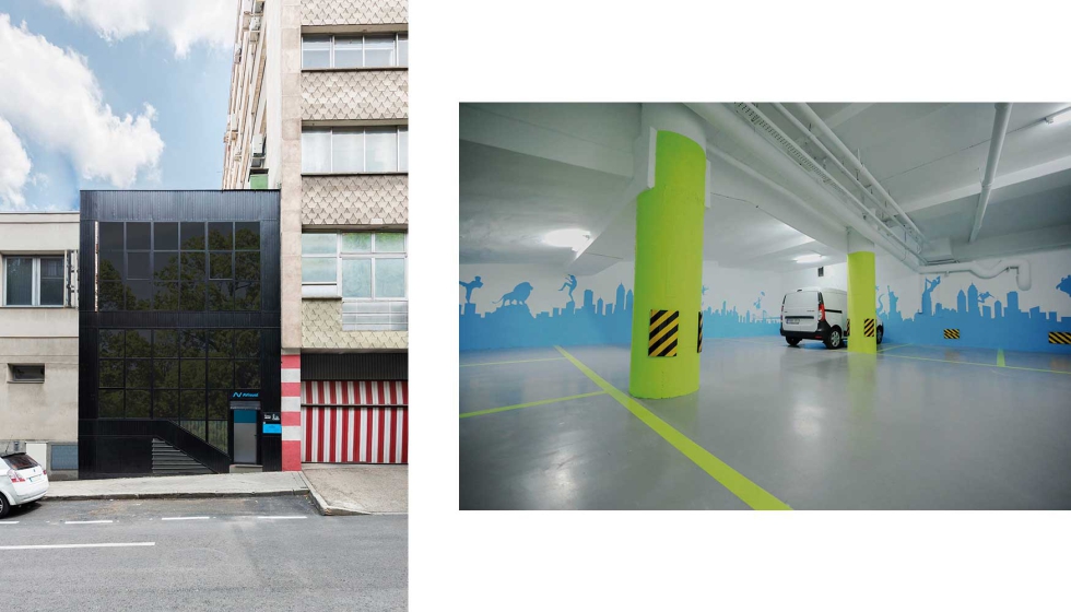 Detalle de la fachada con el que se ha conseguido crear un efeto underground (izquierda); mientras que en el parking se mantiene un estilo...