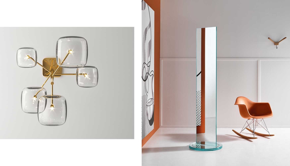 A la izquierda la luminaria Hyperion, que ofrece distintas combinaciones; y a la derecha, el espejo Soglia, que destaca por la magia de su movimiento...