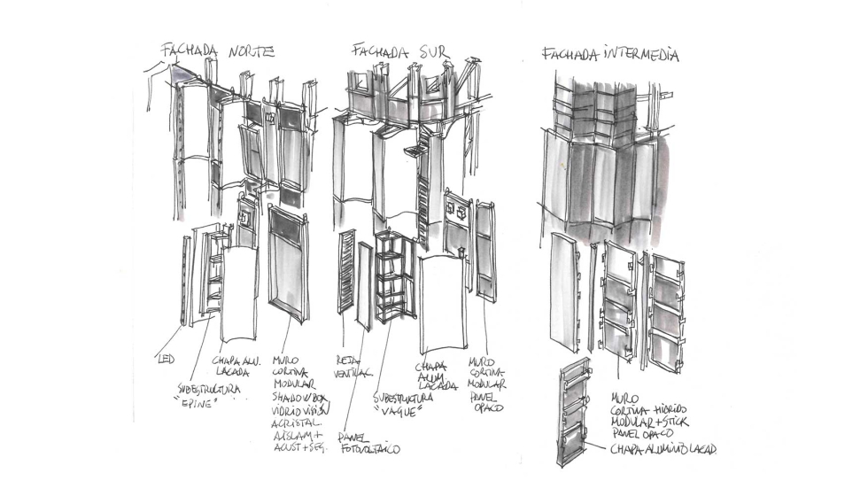 Croquis de la tipologa de fachadas utilizadas en la Torre Mohamed VI. Imagen: Ferrs Arquitectos y Consultores