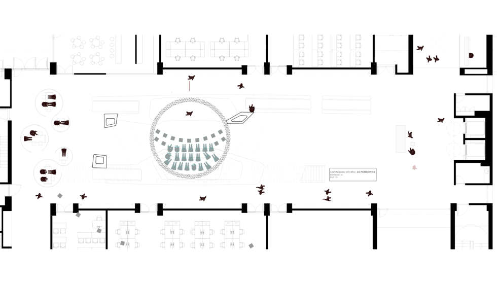 Plano del atrio del Entertainment Science Campus, diseado para generar interaccin entre alumnos y profesorado, potenciando su creatividad y talento...