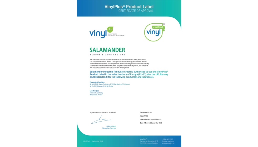 Etiqueta de producto VinylPlus Distincin para Salamander Window & Door Systems. Foto:  VinylPlus