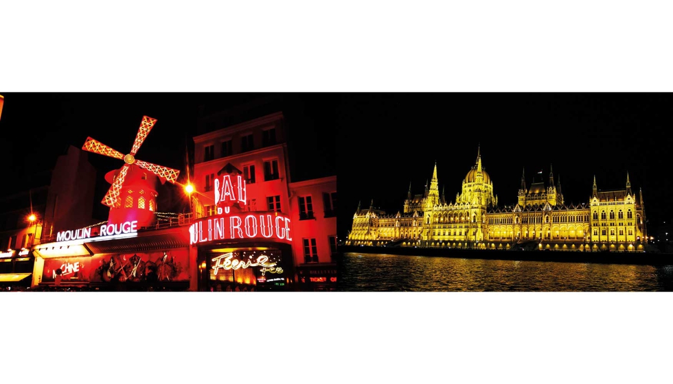 Moulin Rouge, Pars. Ejemplo de iluminacin monumental en que la fuente de luz est sobre el propio monumento (izquierda); y Parlamento de Budapest...