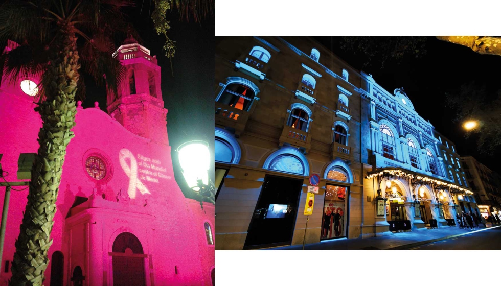 Parroquia de Sant Bartomeu i Santa Tecla de Sitges iluminada de rosa con motivo del Da Mundial Contra el Cncer de Mama (izquierda); Fachada del...