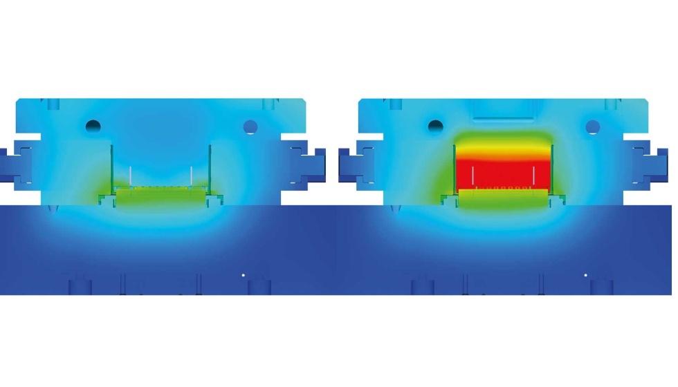 Controlo da temperatura do molde  esquerda com refrigerao conformada e  direita com refrigerao convencional