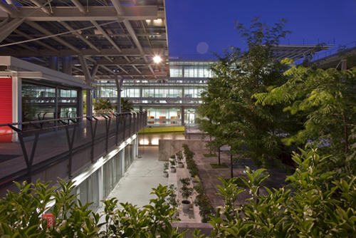 El Campus Palmas Altas de noche. Las p�rgolas fotovoltaicas tambi�n proporcionan sombra a los patios