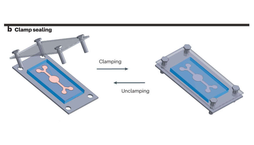 Figura 2: Sujecin de un dispositivo lab-on-a-chip mediante una "sujecin" de plstico estacada por impulsos. Imagen cortesa de Emerson...