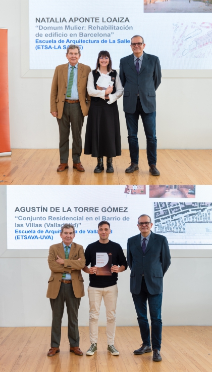 Primer Premio ex aequo de TFM para Natalia Aponte (izquierda) y Agustn de la Torre (centro) junto a Pedro Rognoni, presidente de Hispalyt...