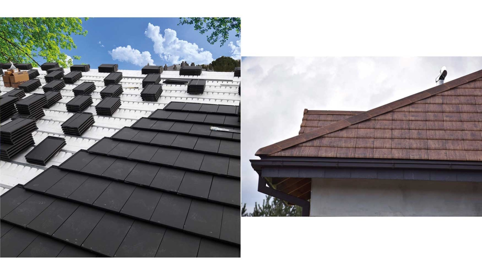 A la derecha un sistema de cubierta ventilada con teja cermica; a la izquierda tejas en impresin digital con efecto madera...