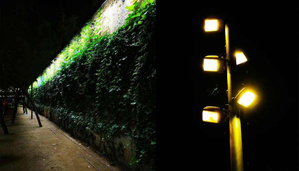A la izquierda, muro vegetal iluminado con fluorescentes en los Jardines de Cndida Prez; A la derecha...