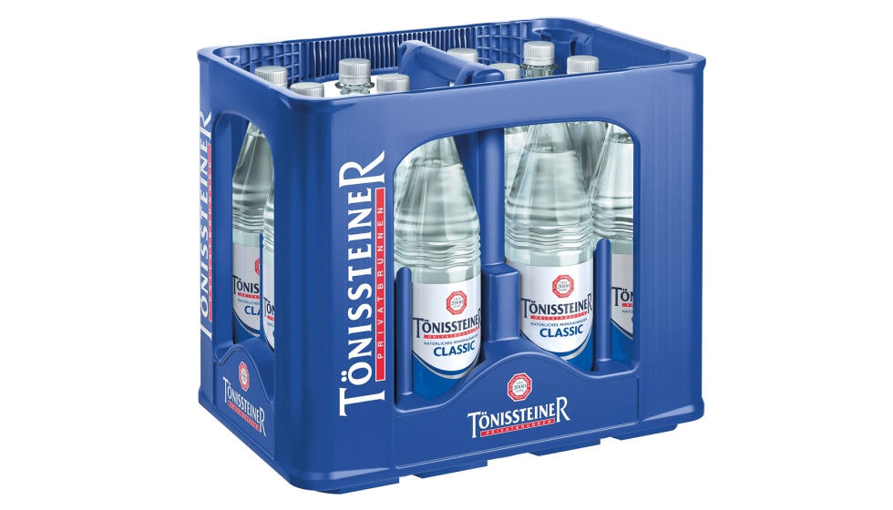 El diseño de ajuste perfecto de la botella reutilizable rPET permite utilizarla con las cajas de doce botellas de Tönissteiner...