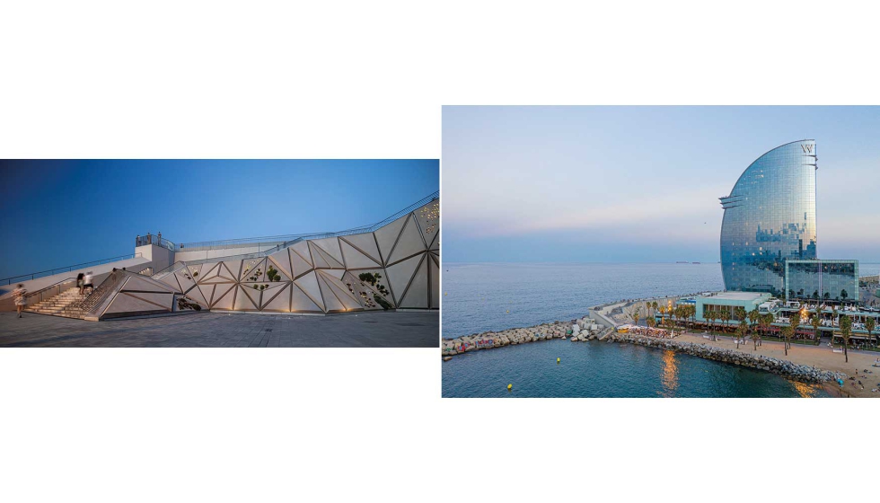 A la derecha, detalle de la escalera del Paseo Martimo de Barcelona; y a la izquierda vista area de la zona junto al Hotel W. Fotos: Adri Goula...