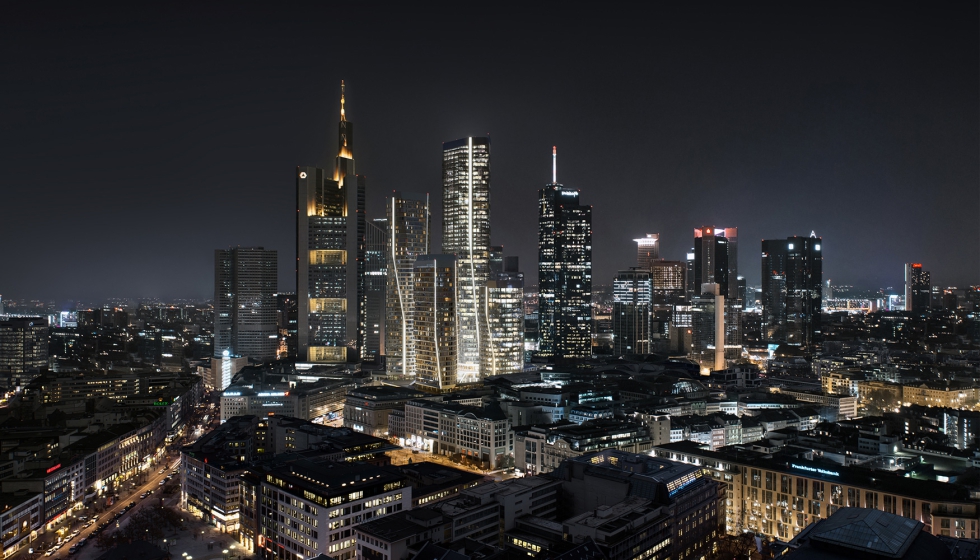 Vista area de la revitalizada zona donde se sitan los rascacielos que conforman Four en Frankfurt con iluminacin de Zumtobel Group...