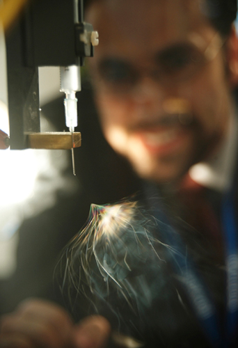 Functional nanofiber via 'electrospinning' at Material Vision. Photography: Messe Frankfurt Exhibition GmbH / Helmut Stettin...