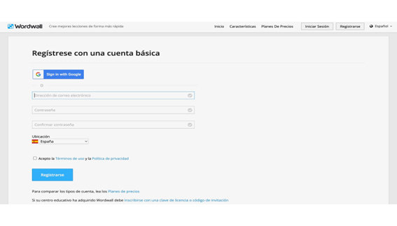 Pantalla de registro de Wordwall