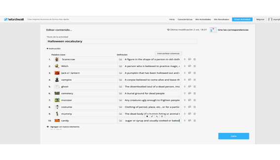 Entorno de edicin del juego hecho en Wordwall Une las correspondencias