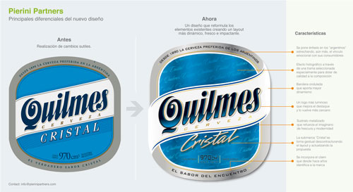 Cambios en la etiqueta de la cerveza Quilmes Cristal. Foto: Pierini Partners