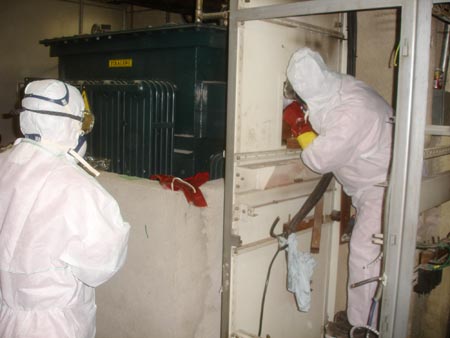 Workers work with hazardous waste