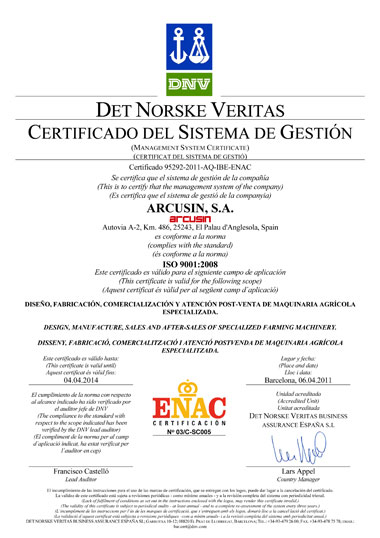 Certificado ISO 9001 recibido por Arcusin